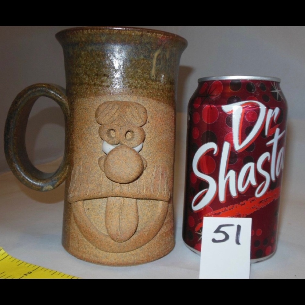 VINTAGE RARE STONEWARE POTTERY CLAY FUNNY FACE TALL MUG STEIN